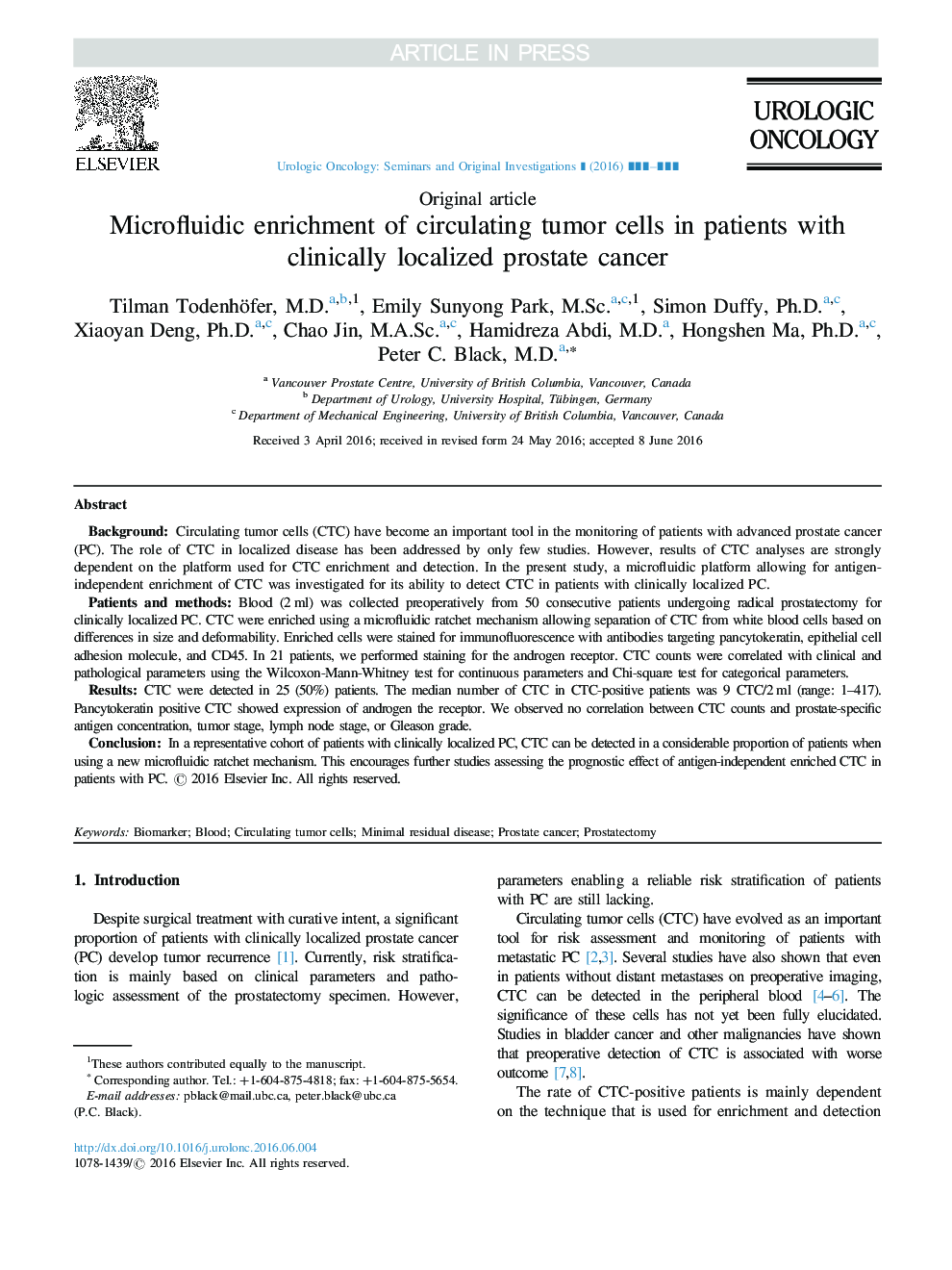 Microfluidic enrichment of circulating tumor cells in patients with clinically localized prostate cancer