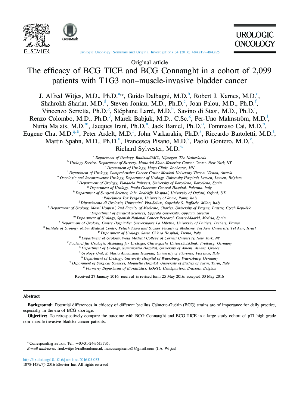 The efficacy of BCG TICE and BCG Connaught in a cohort of 2,099 patients with T1G3 non-muscle-invasive bladder cancer