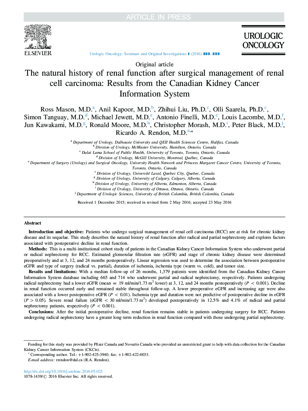 The natural history of renal function after surgical management of renal cell carcinoma: Results from the Canadian Kidney Cancer Information System