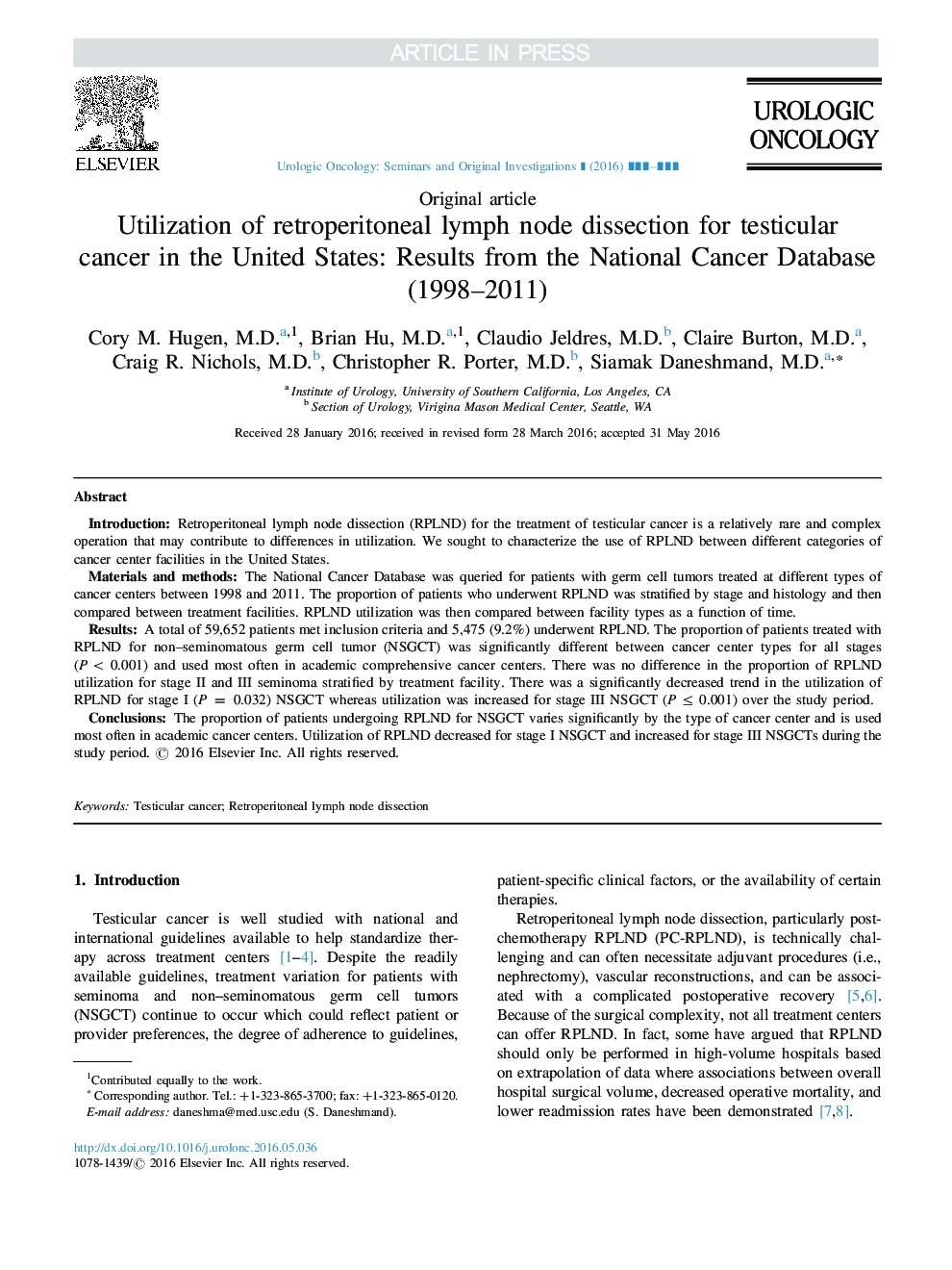 Utilization of retroperitoneal lymph node dissection for testicular cancer in the United States: Results from the National Cancer Database (1998-2011)