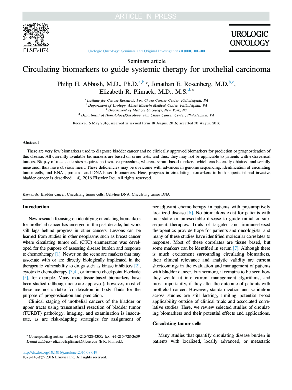 Circulating biomarkers to guide systemic therapy for urothelial carcinoma