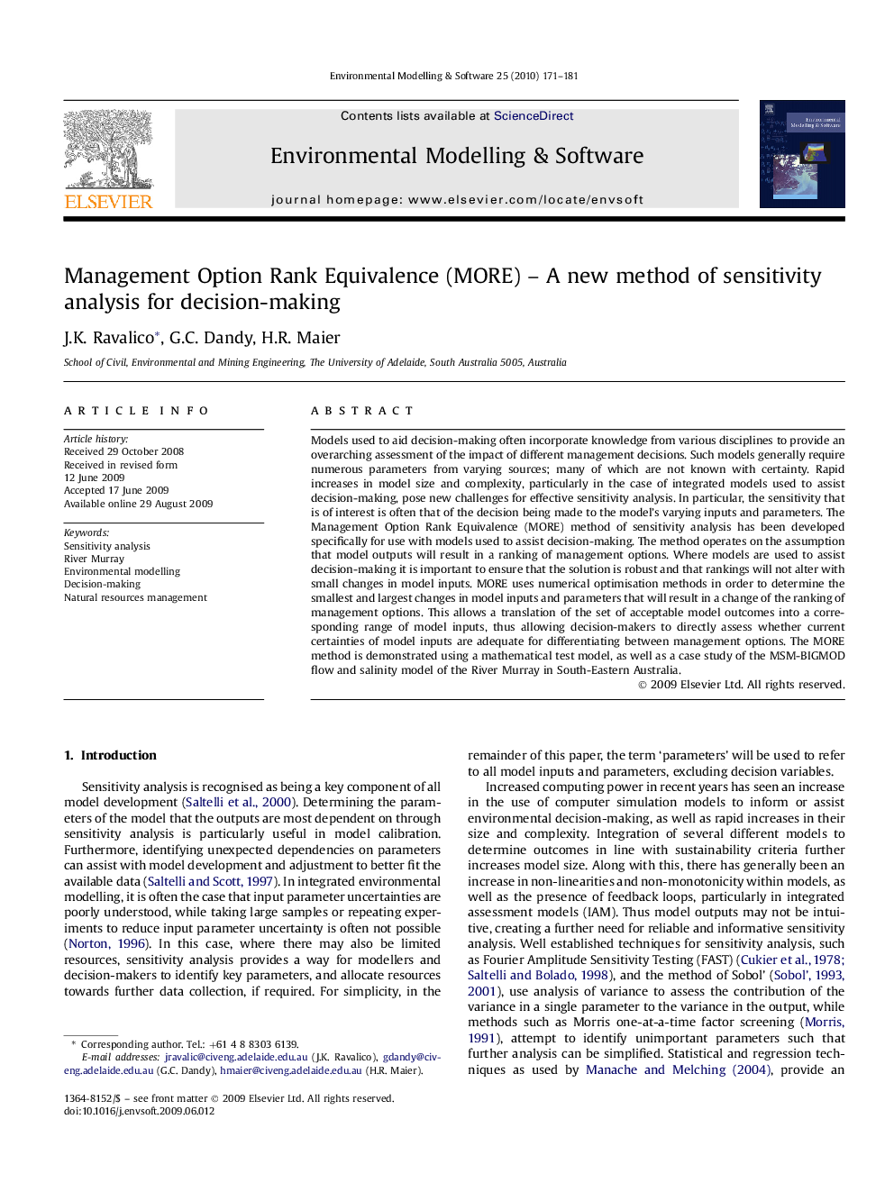 Management Option Rank Equivalence (MORE) – A new method of sensitivity analysis for decision-making