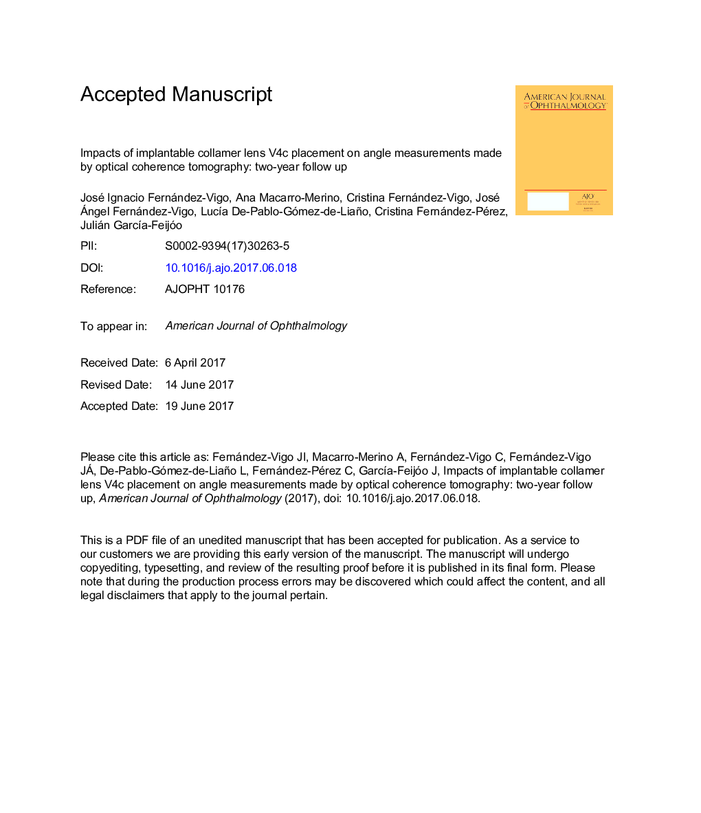 Impacts of Implantable Collamer Lens V4c Placement on Angle Measurements Made byÂ Optical Coherence Tomography: Two-Year Follow-up