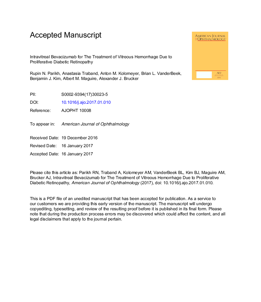 Intravitreal Bevacizumab for the Treatment of Vitreous Hemorrhage Due to Proliferative Diabetic Retinopathy