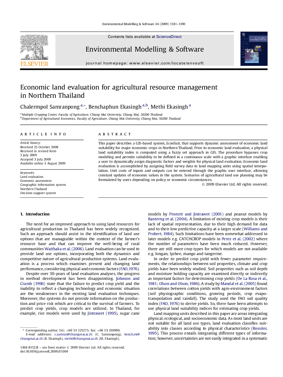 Economic land evaluation for agricultural resource management in Northern Thailand