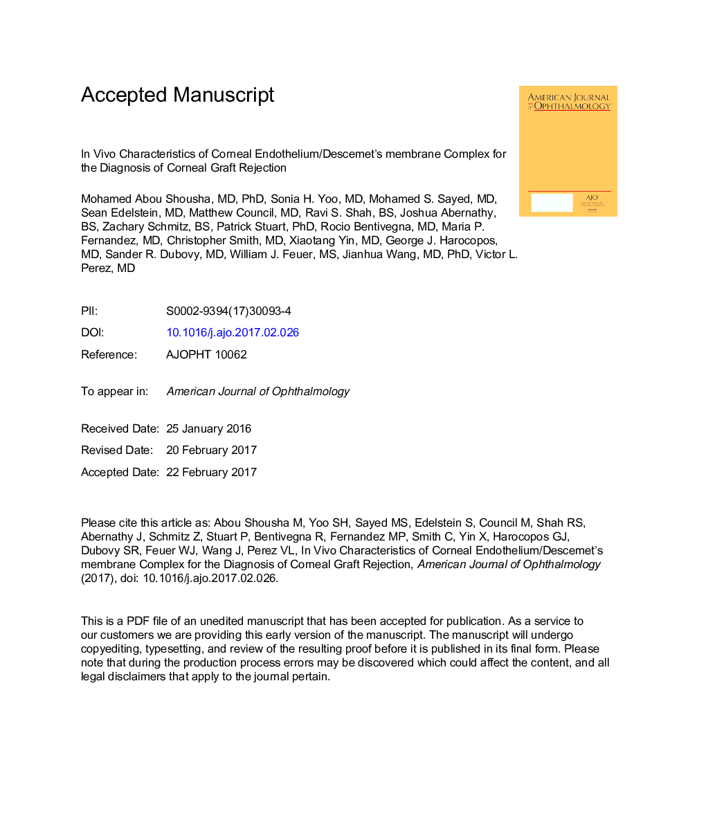 InÂ Vivo Characteristics of Corneal Endothelium/Descemet Membrane Complex for the Diagnosis of Corneal Graft Rejection