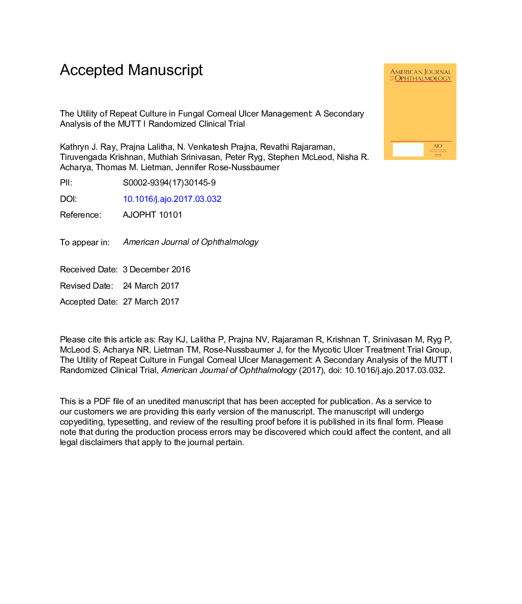 The Utility of Repeat Culture in Fungal Corneal Ulcer Management: A Secondary Analysis of the MUTT-I Randomized Clinical Trial
