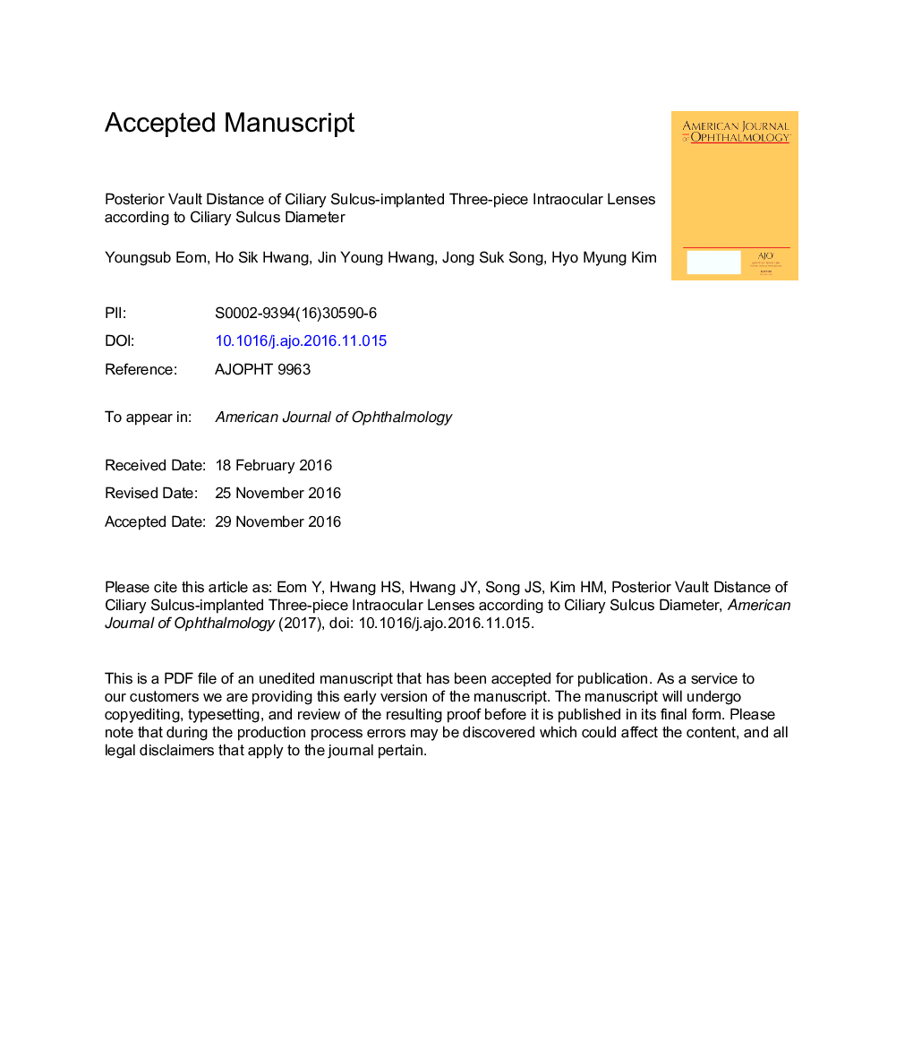 Posterior Vault Distance of Ciliary Sulcus-Implanted Three-piece Intraocular Lenses According to Ciliary Sulcus Diameter