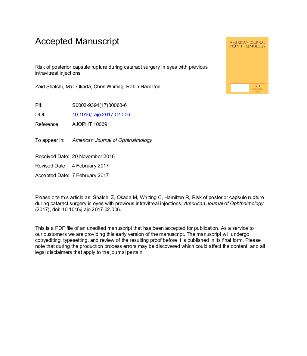 Risk of Posterior Capsule Rupture During Cataract Surgery in Eyes With Previous Intravitreal Injections