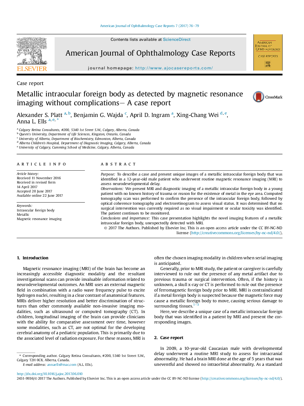 Metallic intraocular foreign body as detected by magnetic resonance imaging without complications- A case report