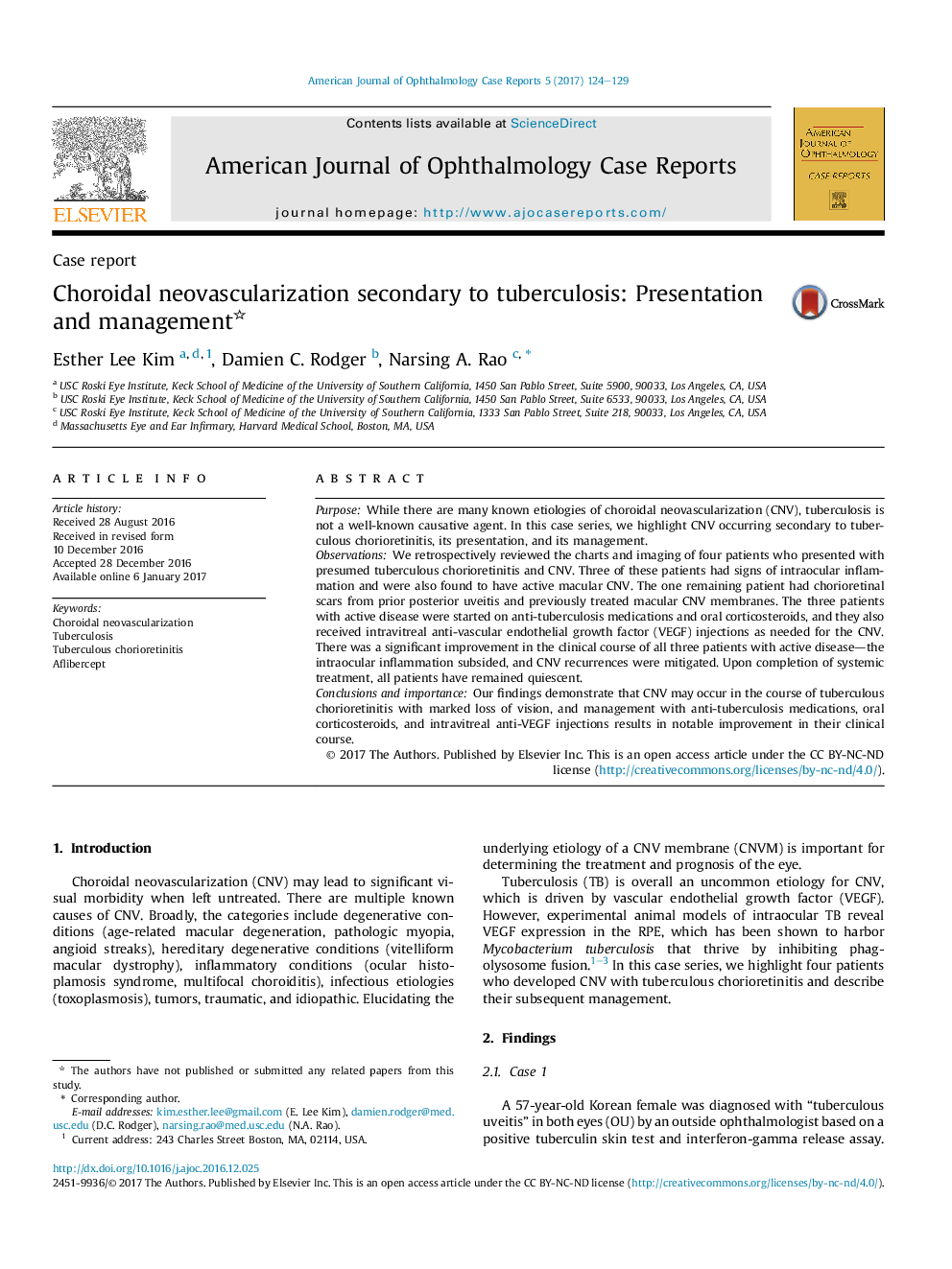 Choroidal neovascularization secondary to tuberculosis: Presentation and management