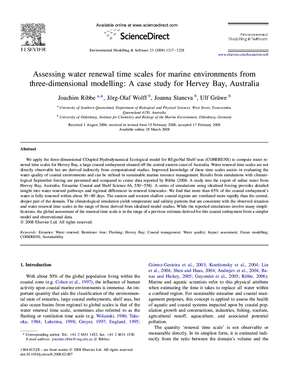 Assessing water renewal time scales for marine environments from three-dimensional modelling: A case study for Hervey Bay, Australia