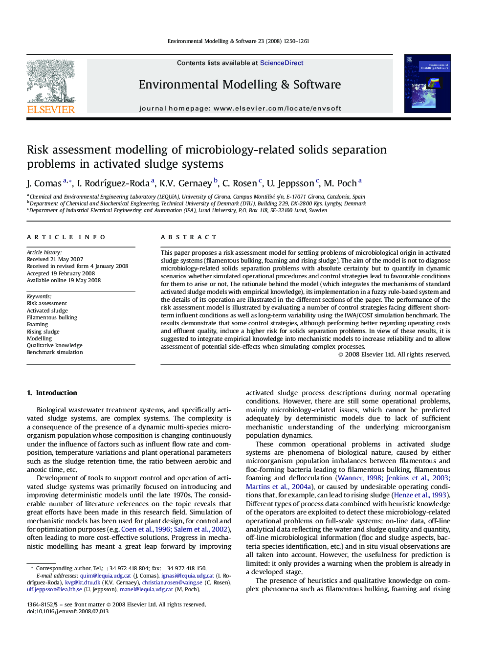 Risk assessment modelling of microbiology-related solids separation problems in activated sludge systems