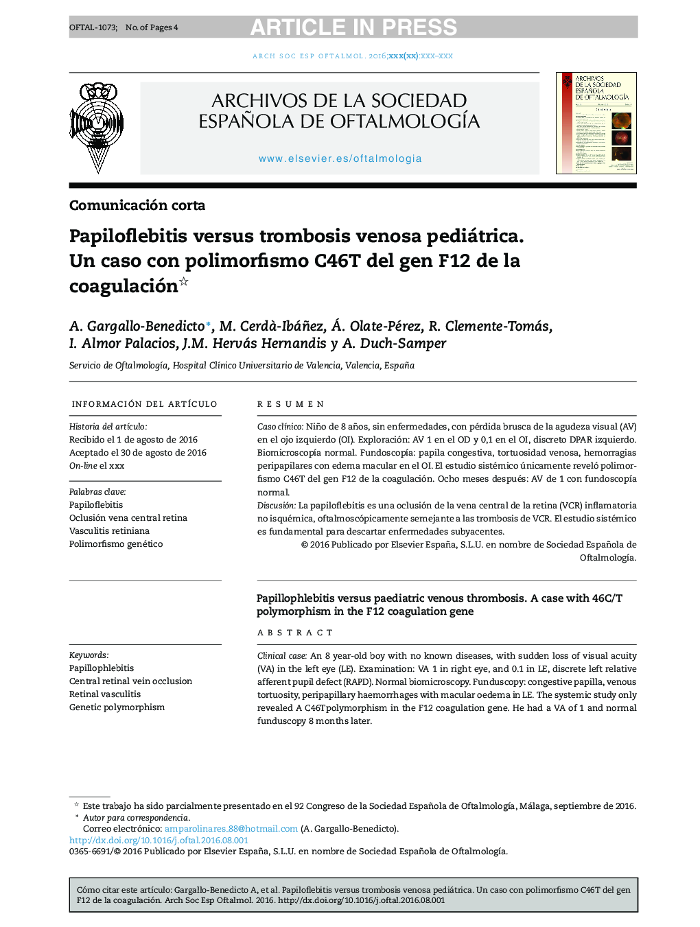 Papiloflebitis versus trombosis venosa pediátrica. Un caso con polimorfismo C46T del gen F12 de la coagulación