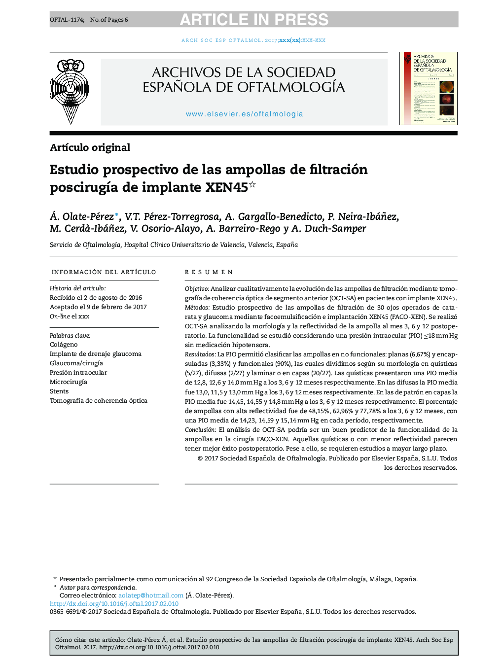 Estudio prospectivo de las ampollas de filtración poscirugÃ­a de implante XEN45