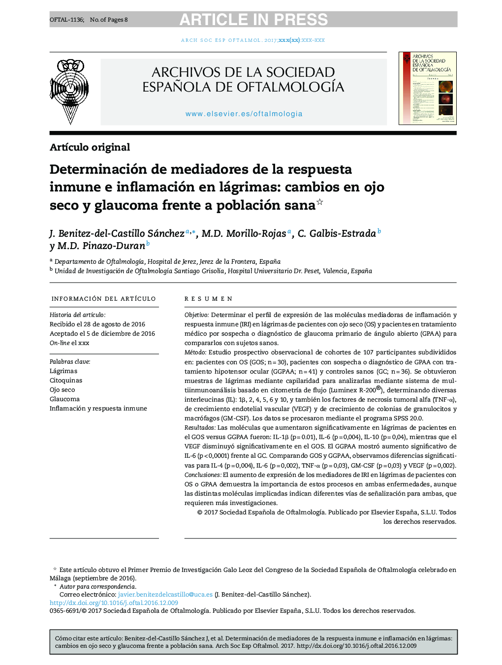 Determinación de mediadores de la respuesta inmune e inflamación en lágrimas: cambios en ojo seco y glaucoma frente a población sana