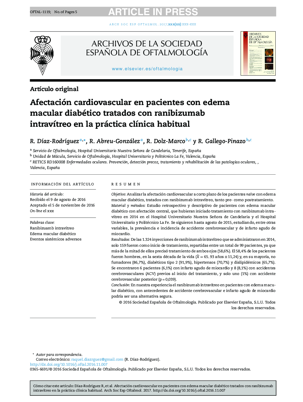 Afectación cardiovascular en pacientes con edema macular diabético tratados con ranibizumab intravÃ­treo en la práctica clÃ­nica habitual