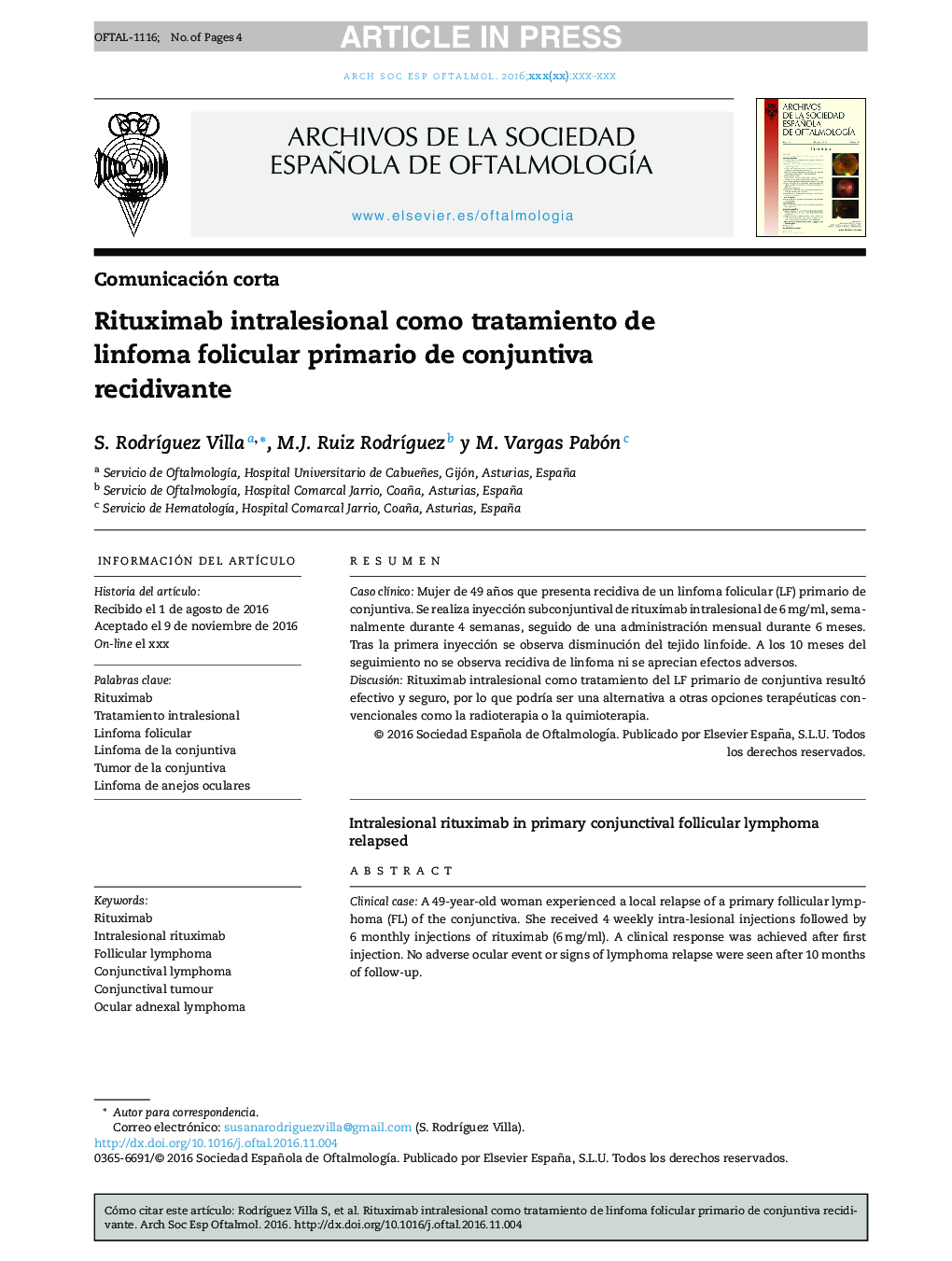 Rituximab intralesional como tratamiento de linfoma folicular primario de conjuntiva recidivante