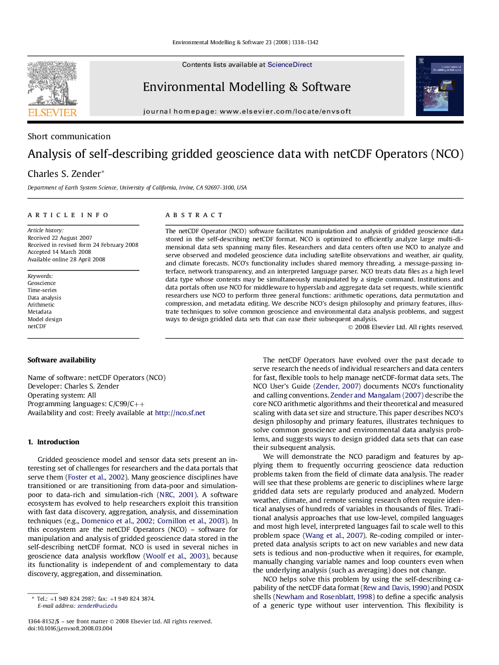 Analysis of self-describing gridded geoscience data with netCDF Operators (NCO)