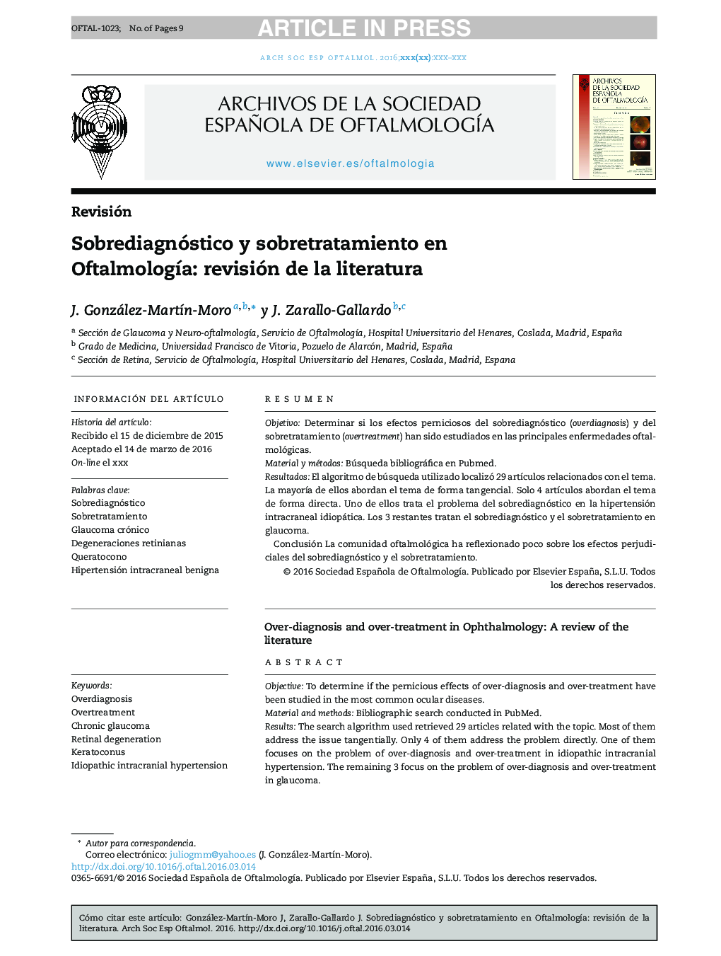 Sobrediagnóstico y sobretratamiento en OftalmologÃ­a: revisión de la literatura