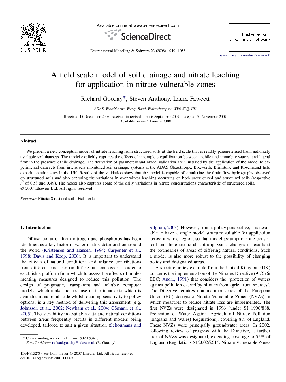 A field scale model of soil drainage and nitrate leaching for application in nitrate vulnerable zones