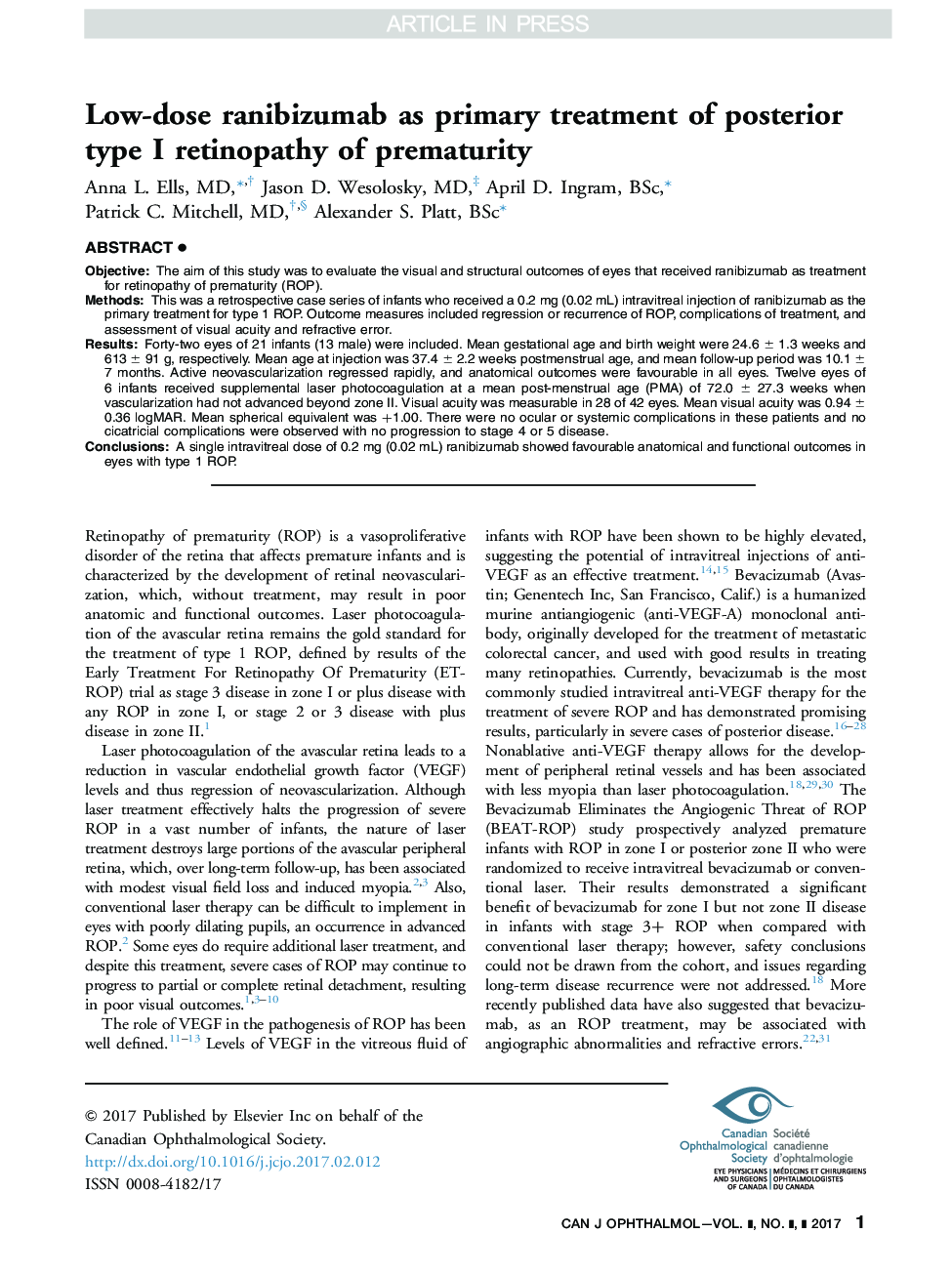 عکس صفحه اول مقاله: Low-dose ranibizumab as primary treatment of posterior type I retinopathy of prematurity Low-dose ranibizumab as primary treatment of posterior type I retinopathy of prematurity