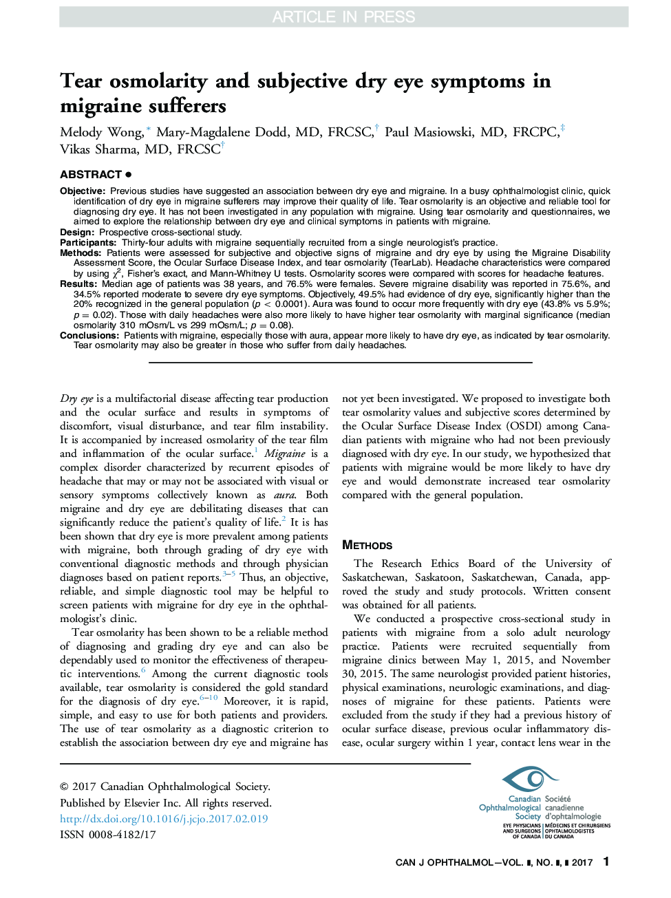عکس صفحه اول مقاله: Tear osmolarity and subjective dry eye symptoms in migraine sufferers Tear osmolarity and subjective dry eye symptoms in migraine sufferers
