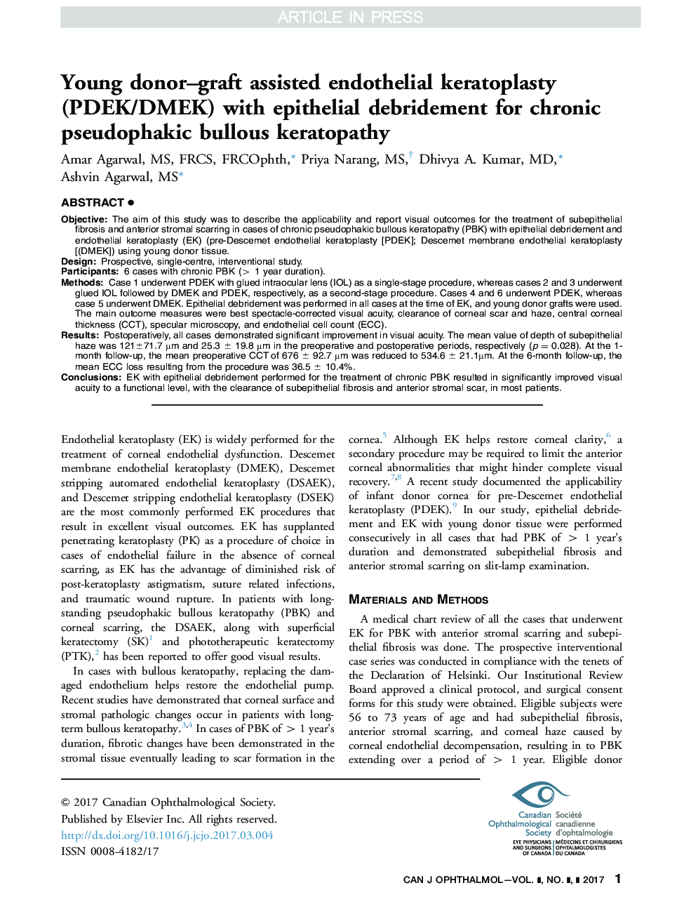 عکس صفحه اول مقاله: Young donor-graft assisted endothelial keratoplasty (PDEK/DMEK) with epithelial debridement for chronic pseudophakic bullous keratopathy Young donor-graft assisted endothelial keratoplasty (PDEK/DMEK) with epithelial debridement for chronic pseudophakic bullous keratopathy