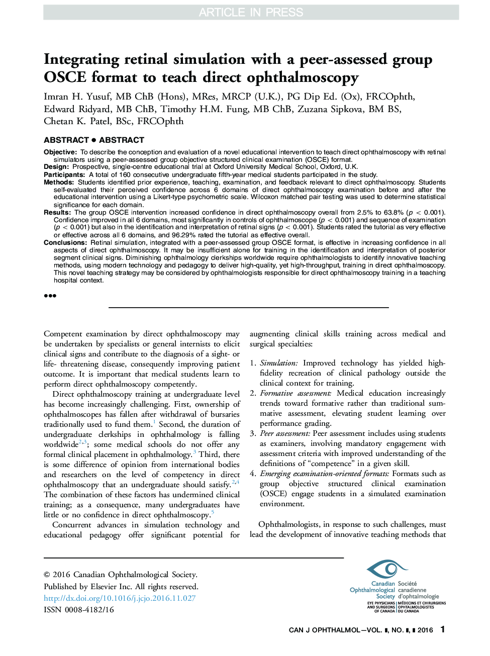 Integrating retinal simulation with a peer-assessed group OSCE format to teach direct ophthalmoscopy