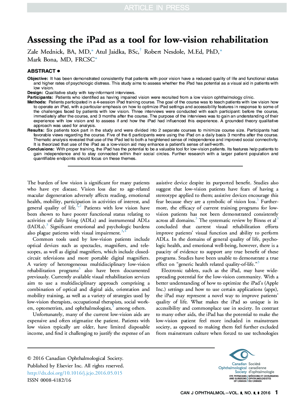 عکس صفحه اول مقاله: Assessing the iPad as a tool for low-vision rehabilitation Assessing the iPad as a tool for low-vision rehabilitation