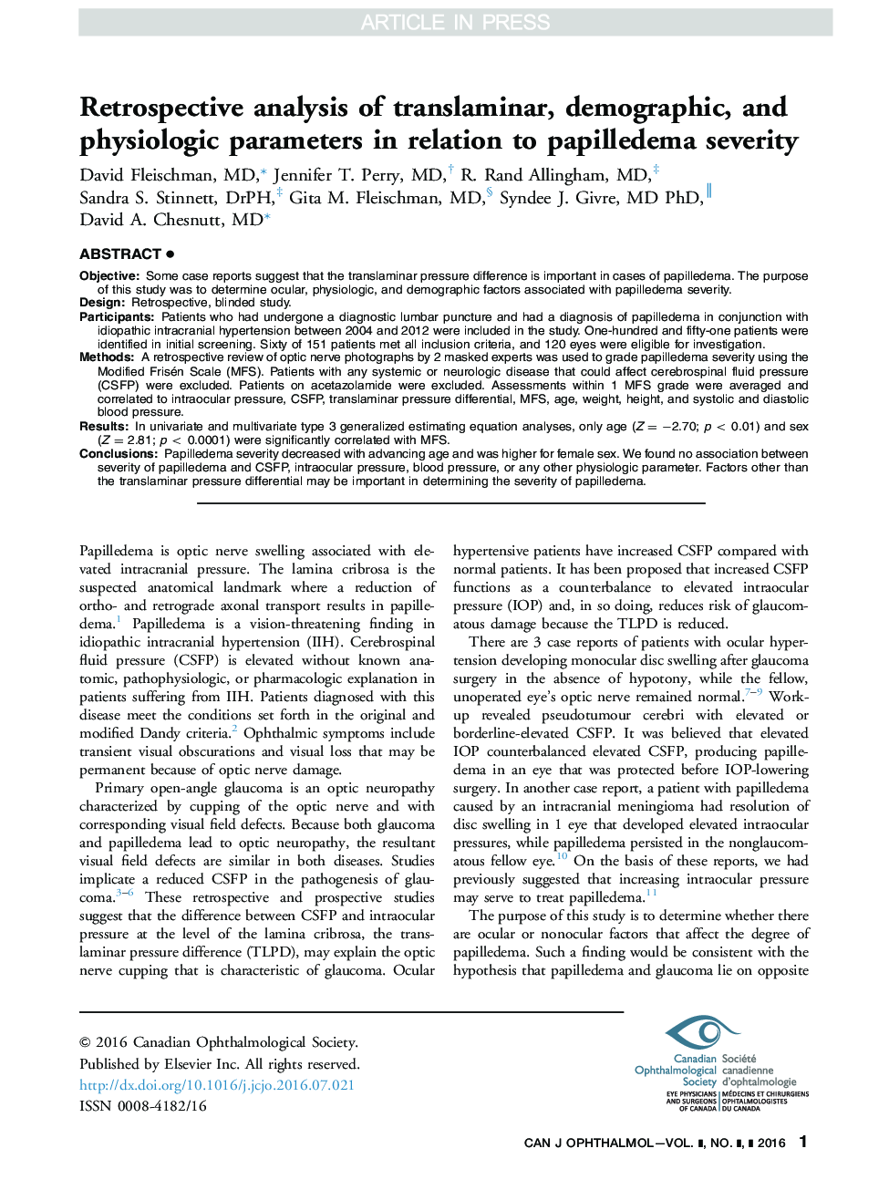 Retrospective analysis of translaminar, demographic, and physiologic parameters in relation to papilledema severity