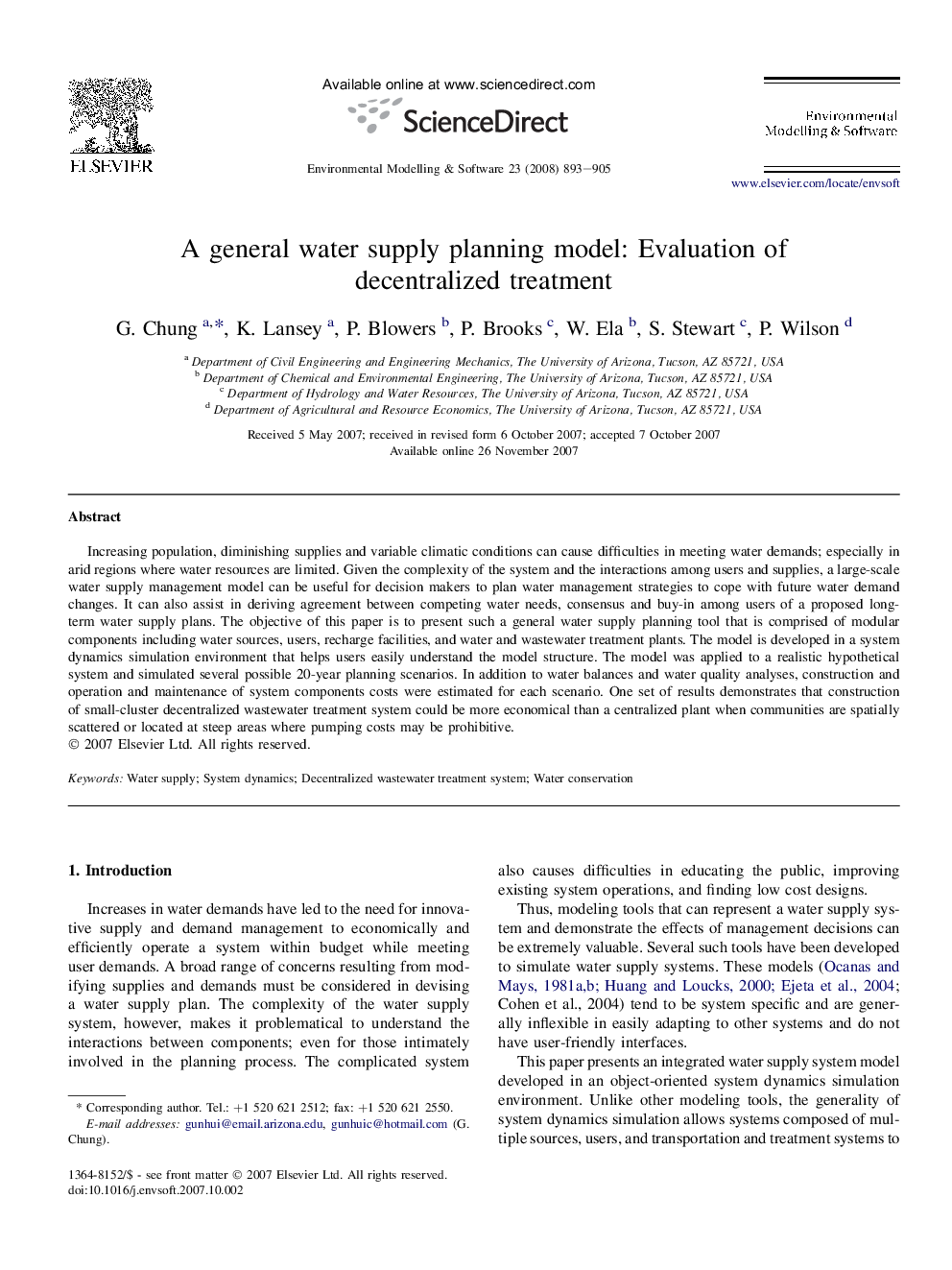 A general water supply planning model: Evaluation of decentralized treatment