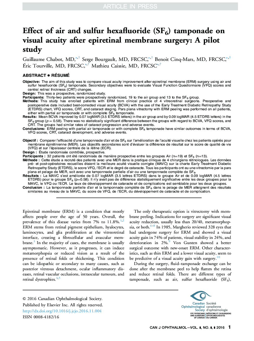 Effect of air and sulfur hexafluoride (SF6) tamponade on visual acuity after epiretinal membrane surgery: a pilot study