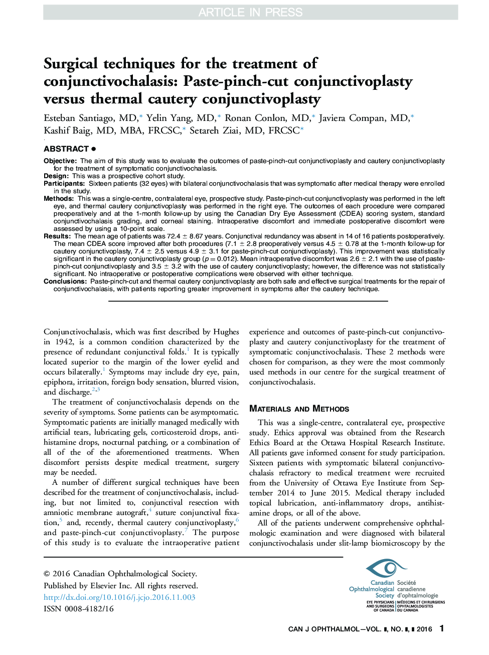 Surgical techniques for the treatment of conjunctivochalasis: paste-pinch-cut conjunctivoplasty versus thermal cautery conjunctivoplasty