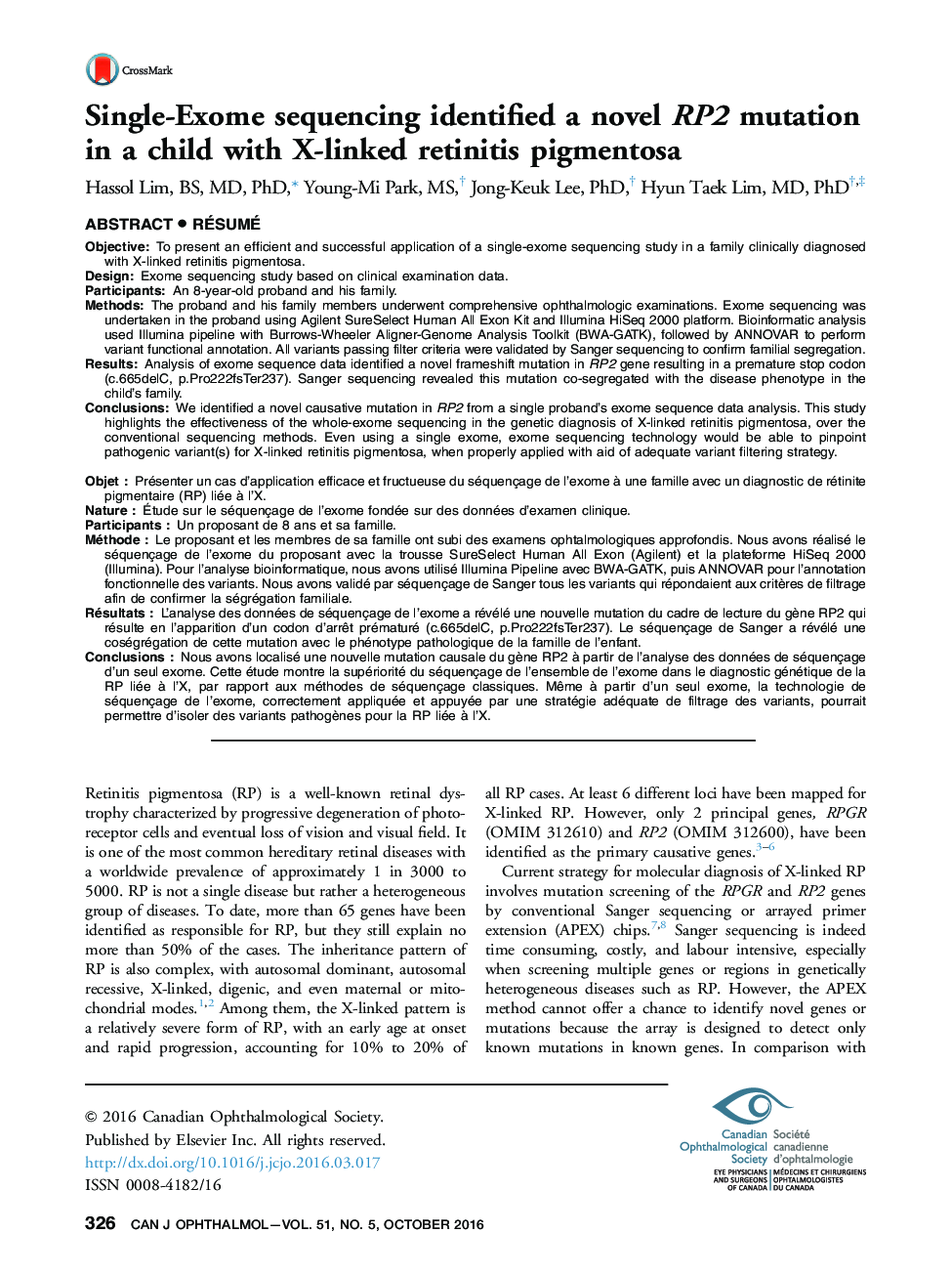 Original ArticleSingle-Exome sequencing identified a novel RP2 mutation in a child with X-linked retinitis pigmentosa