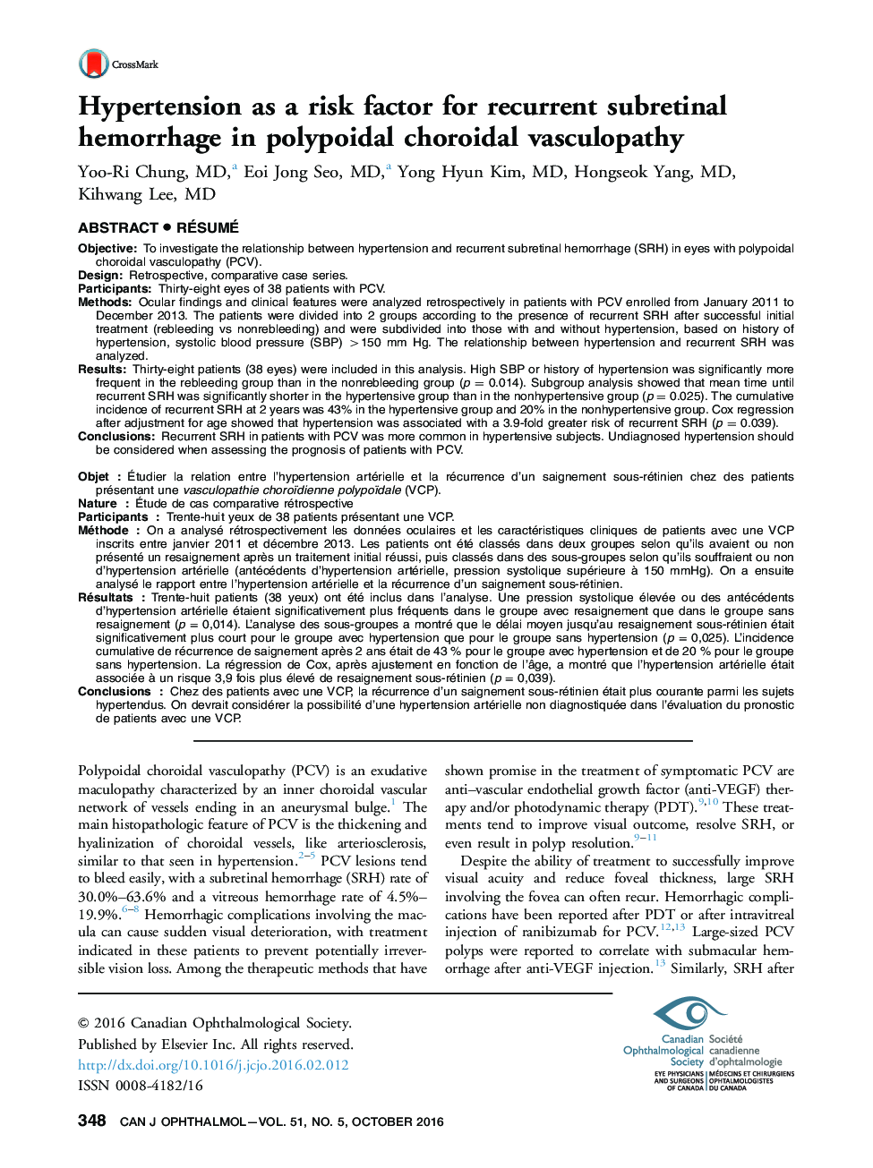 Hypertension as a risk factor for recurrent subretinal hemorrhage in polypoidal choroidal vasculopathy