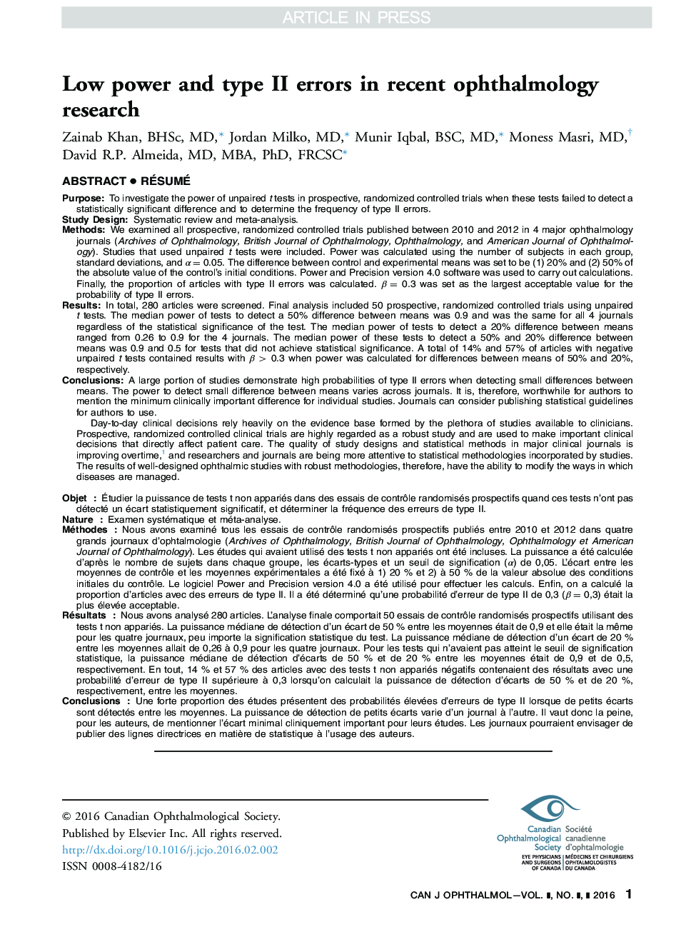 عکس صفحه اول مقاله: Low power and type II errors in recent ophthalmology research Low power and type II errors in recent ophthalmology research