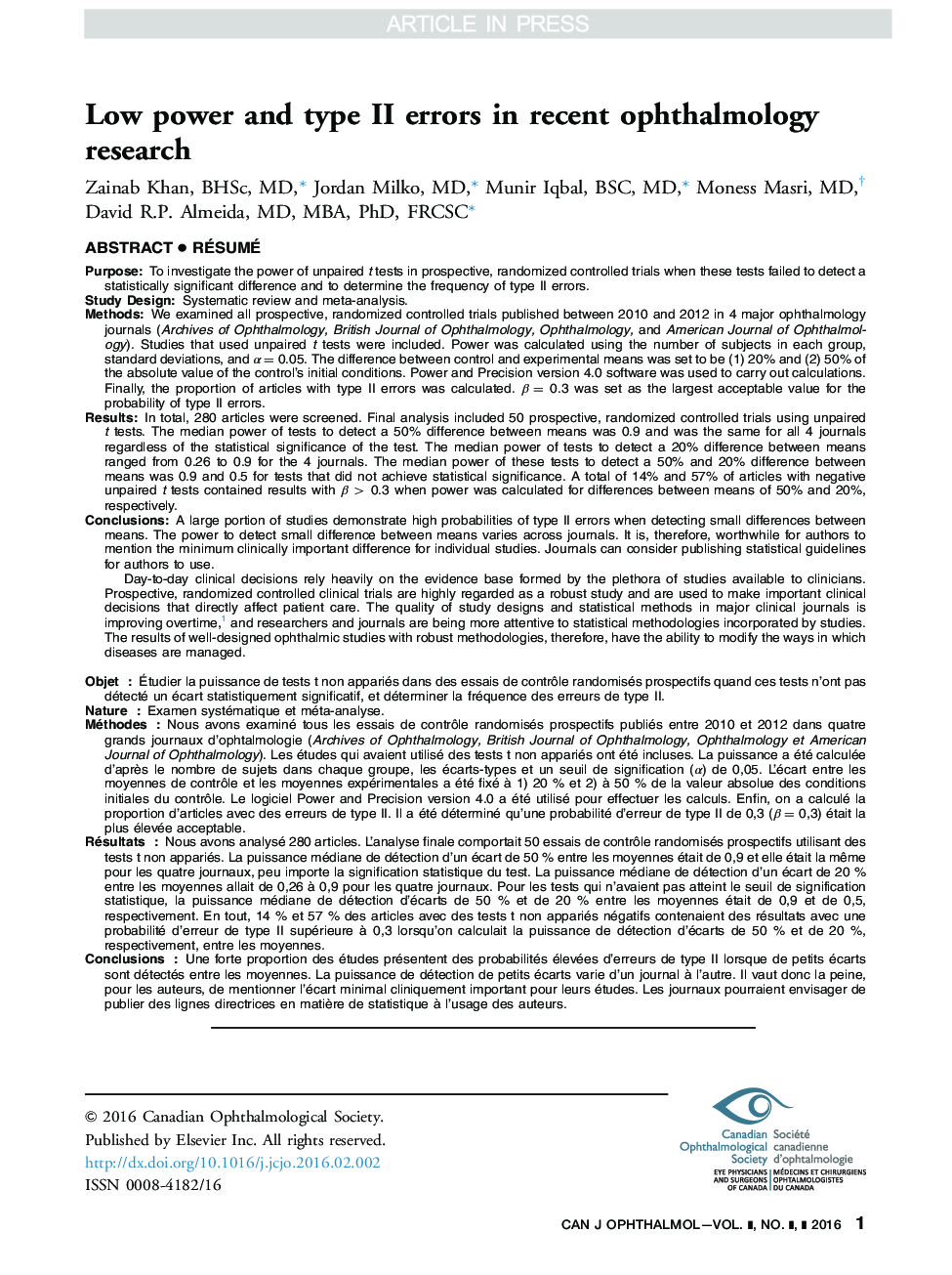 Low power and type II errors in recent ophthalmology research