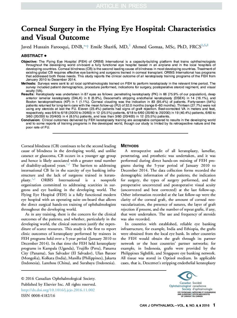 Corneal surgery in the flying eye hospital: characteristics and visual outcome