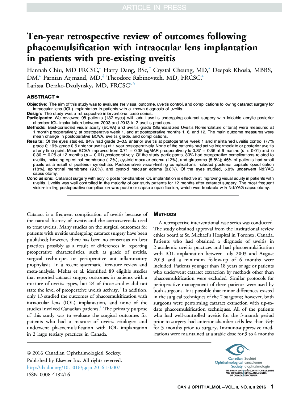 Ten-year retrospective review of outcomes following phacoemulsification with intraocular lens implantation in patients with pre-existing uveitis