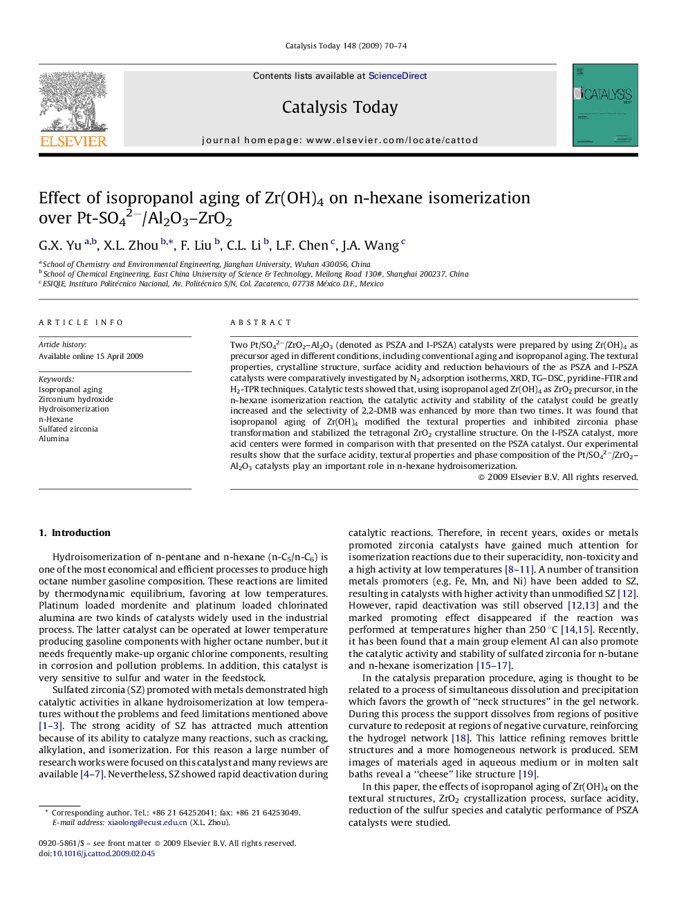 Effect of isopropanol aging of Zr(OH)4 on n-hexane isomerization over Pt-SO42−/Al2O3–ZrO2