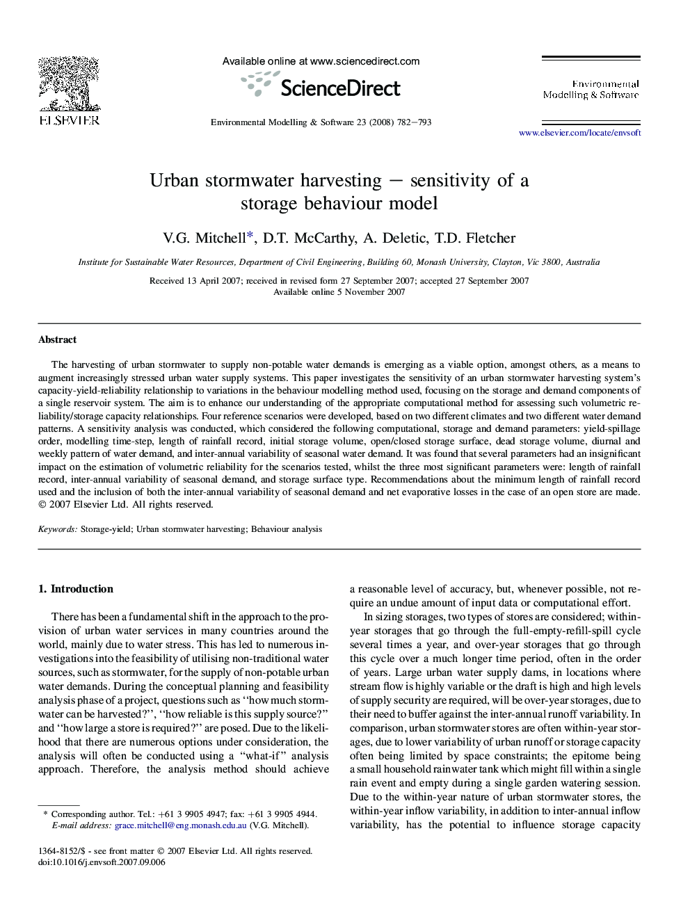 Urban stormwater harvesting – sensitivity of a storage behaviour model