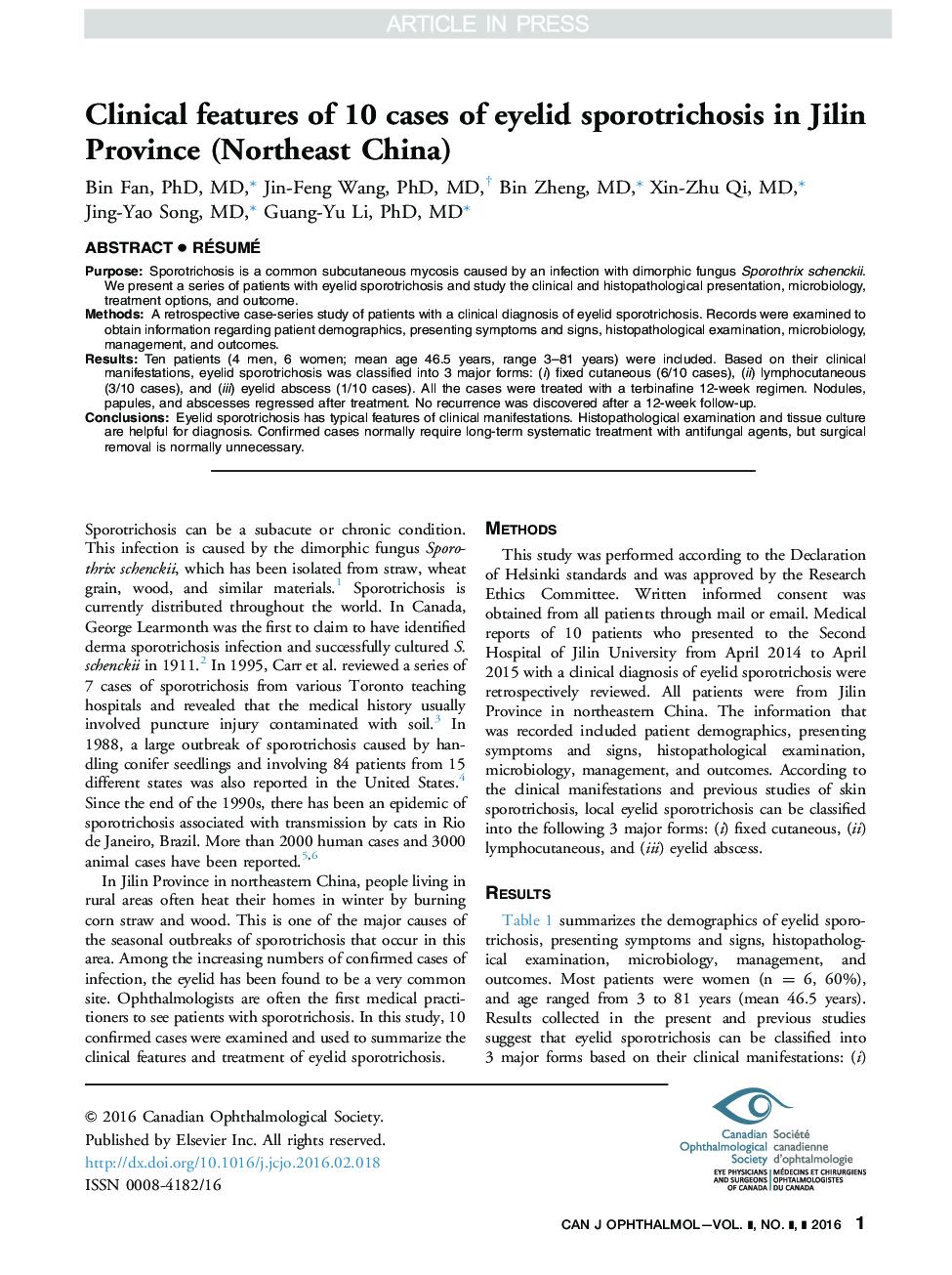 Clinical features of 10 cases of eyelid sporotrichosis in Jilin Province (Northeast China)