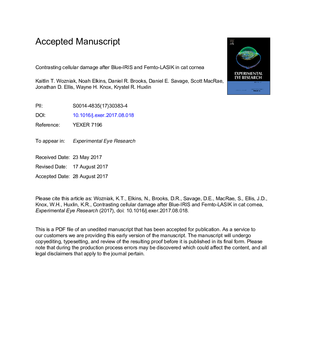 Contrasting cellular damage after Blue-IRIS and Femto-LASIK in cat cornea