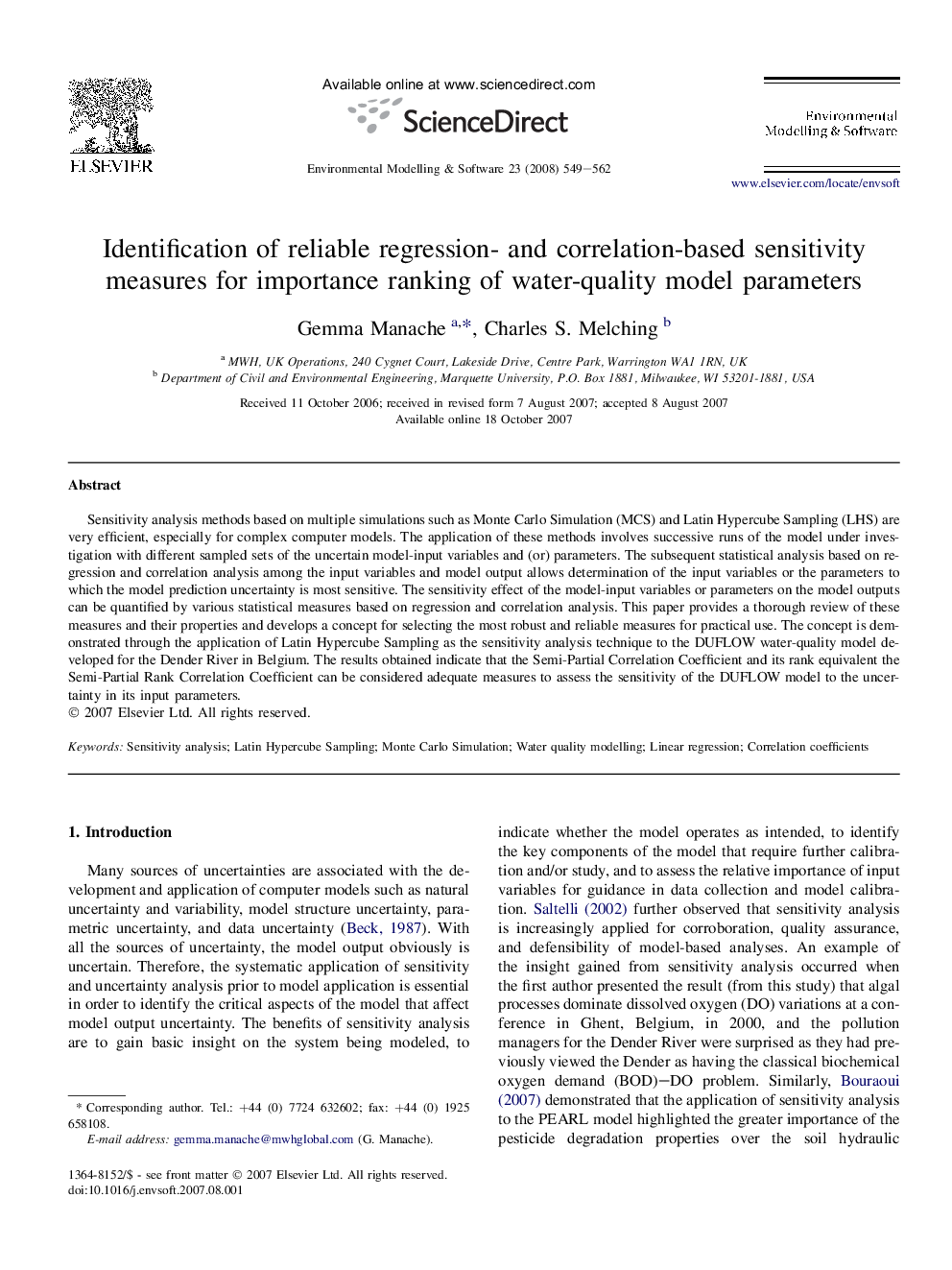 Identification of reliable regression- and correlation-based sensitivity measures for importance ranking of water-quality model parameters