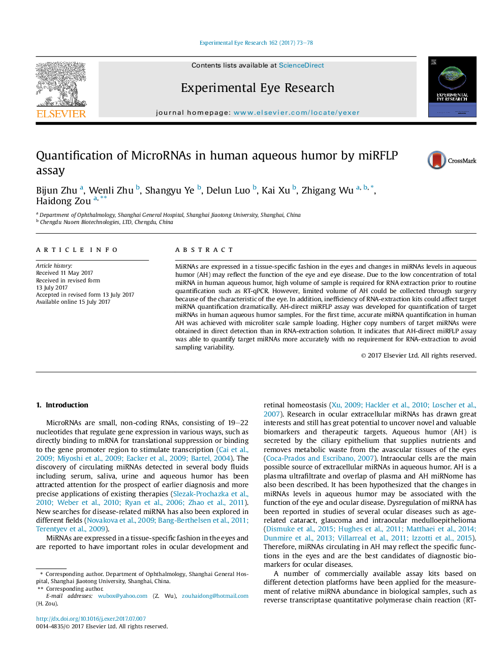 Quantification of MicroRNAs in human aqueous humor by miRFLP assay