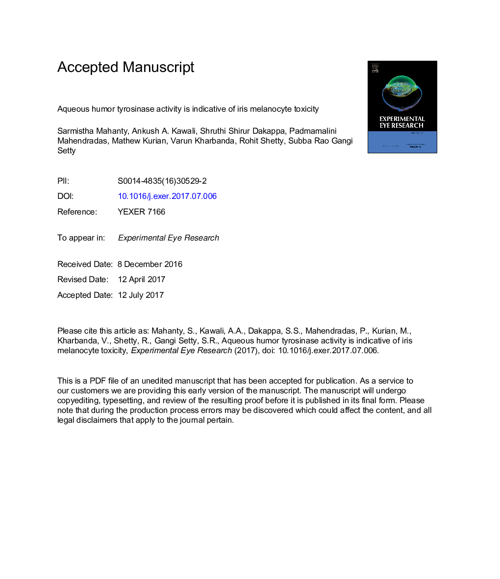 Aqueous humor tyrosinase activity is indicative of iris melanocyte toxicity