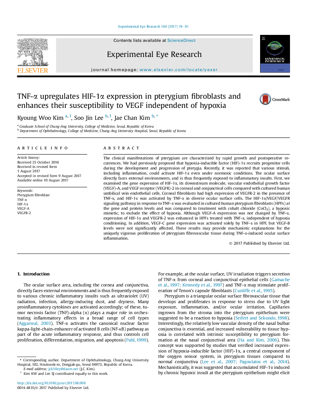 TNF-Î± upregulates HIF-1Î± expression in pterygium fibroblasts and enhances their susceptibility to VEGF independent of hypoxia