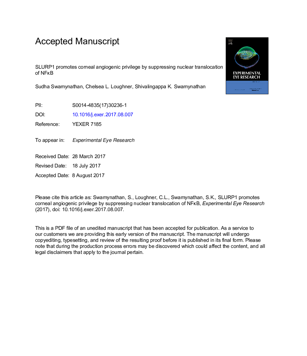 Inhibition of HUVEC tube formation via suppression of NFÎºB suggests an anti-angiogenic role for SLURP1 in the transparent cornea