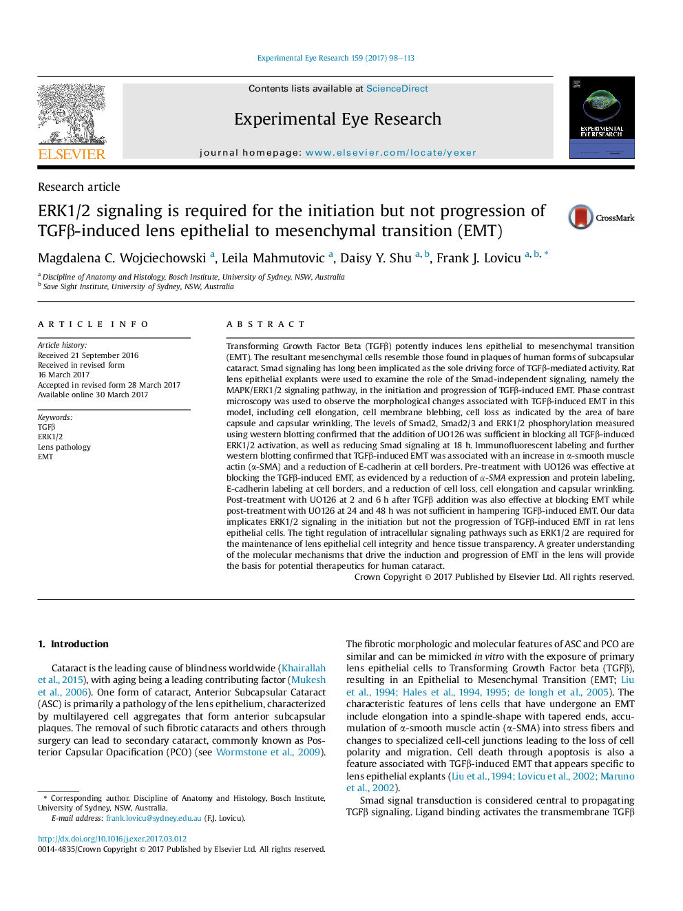 ERK1/2 signaling is required for the initiation but not progression of TGFÎ²-induced lens epithelial to mesenchymal transition (EMT)